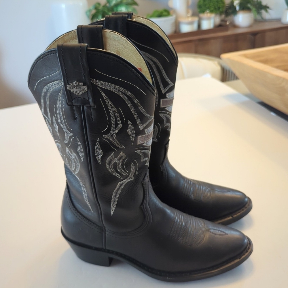 Harley Davidson Leather Cowboy Western Leather Boots Size 7 Black 81598 GUC - Picture 4 of 8